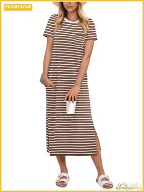 Womens Midi Dress Summer Casual Short Sleeve Split Stripe Rayon Blend